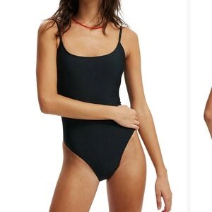 BLACK COTTON ON TEXTURED SCOOP NECK ONE PIECE SWIMSUIT CHEEKY BOTTOM XS
